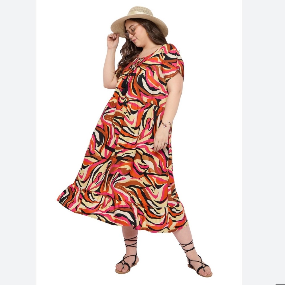 GYPSIE BLU Tiered Midi Dress 3X Abstract Swirl Tassel Keyhole Vacation Festival